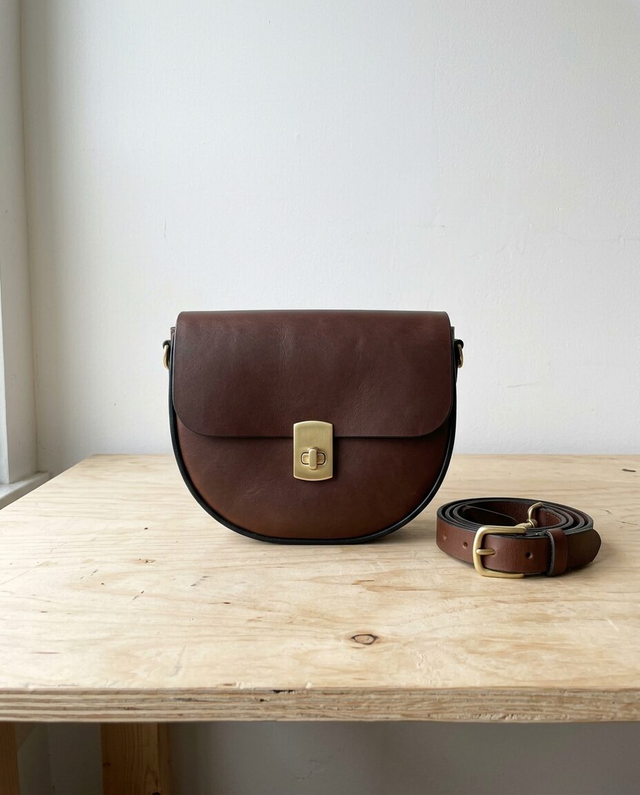 A dark-brown leather saddle bag and its strap on a plywood workbench