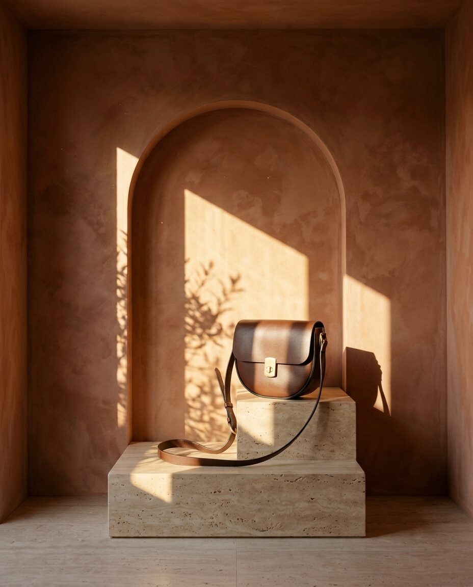 The brown saddle crossbody on a travertine block in a terracotta alcove, strap falling over the edge