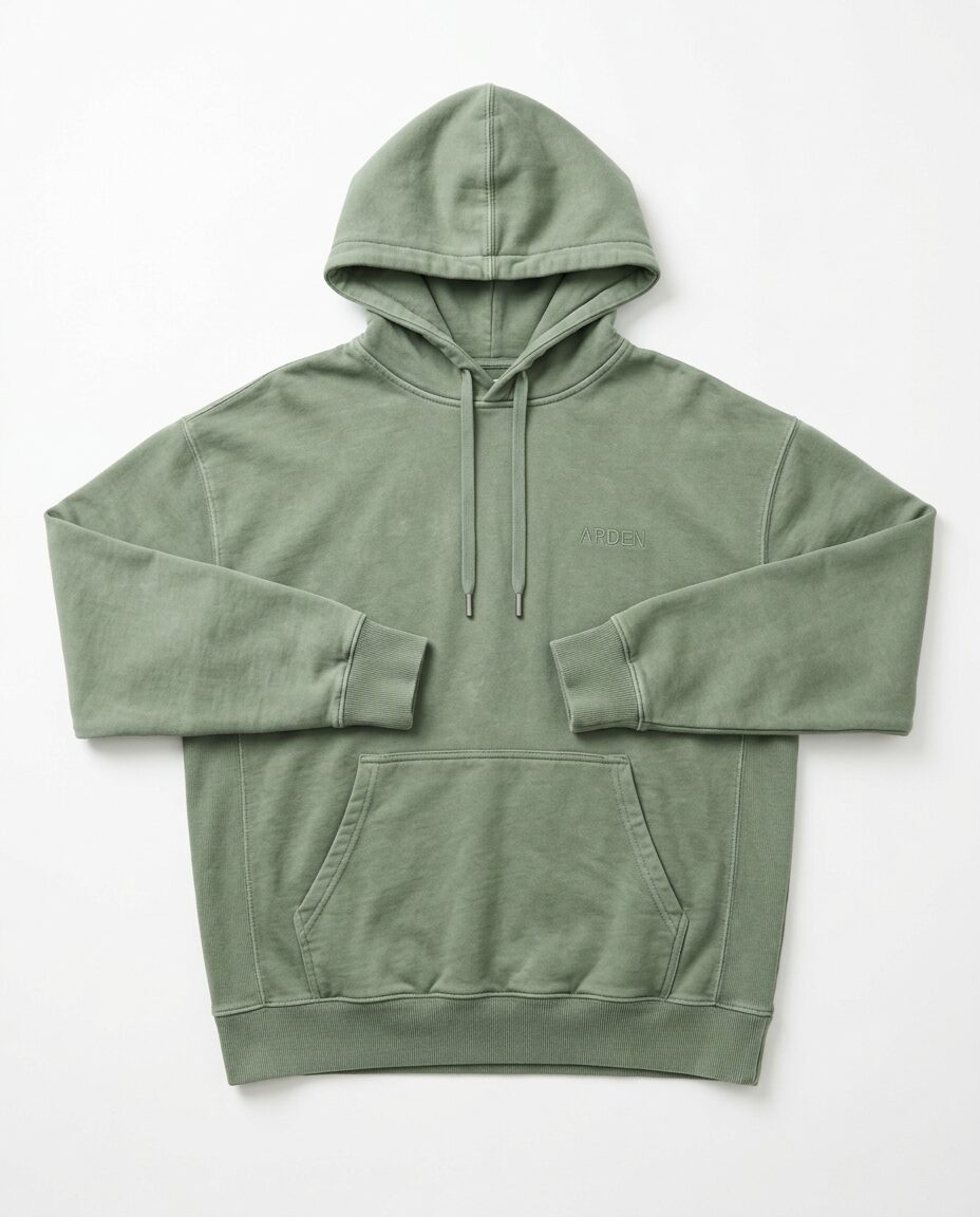 A sage-green hoodie laid flat on white