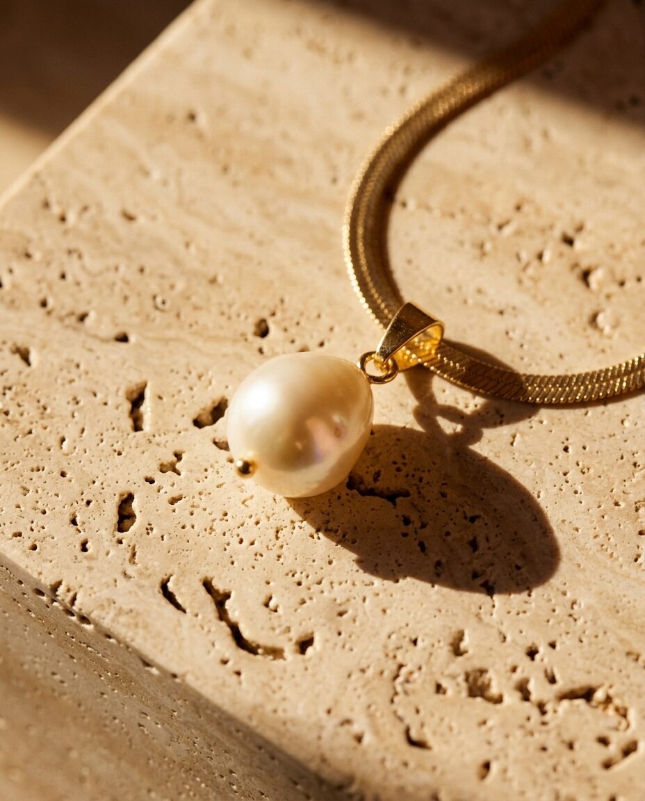 Close on the baroque pearl and gold chain resting on travertine, warm raking light