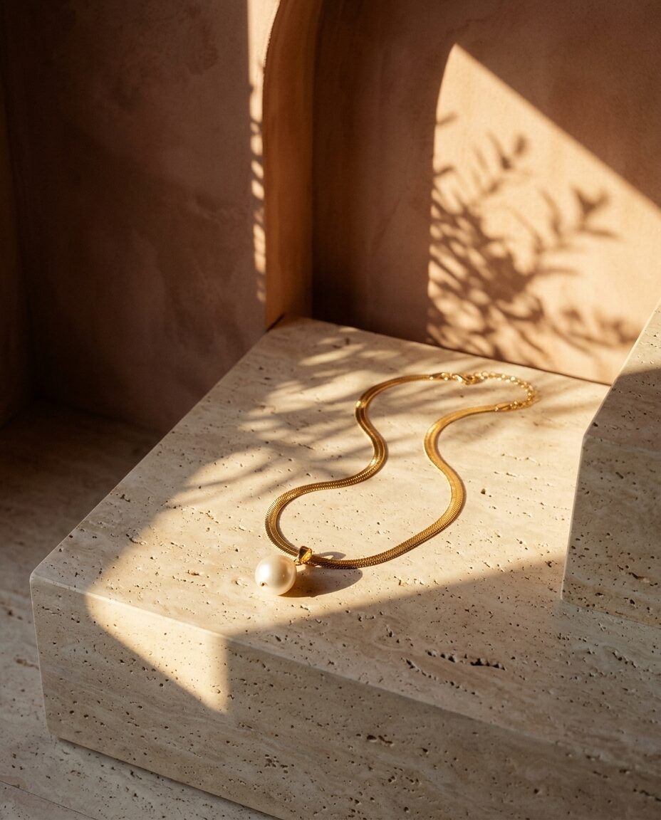 The pearl necklace draped over a travertine block in a terracotta alcove, afternoon light and leaf shadows across it