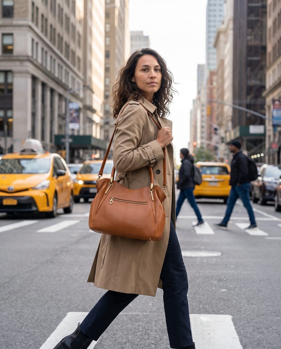 Maya on a city crossing, the tan handbag on her shoulder