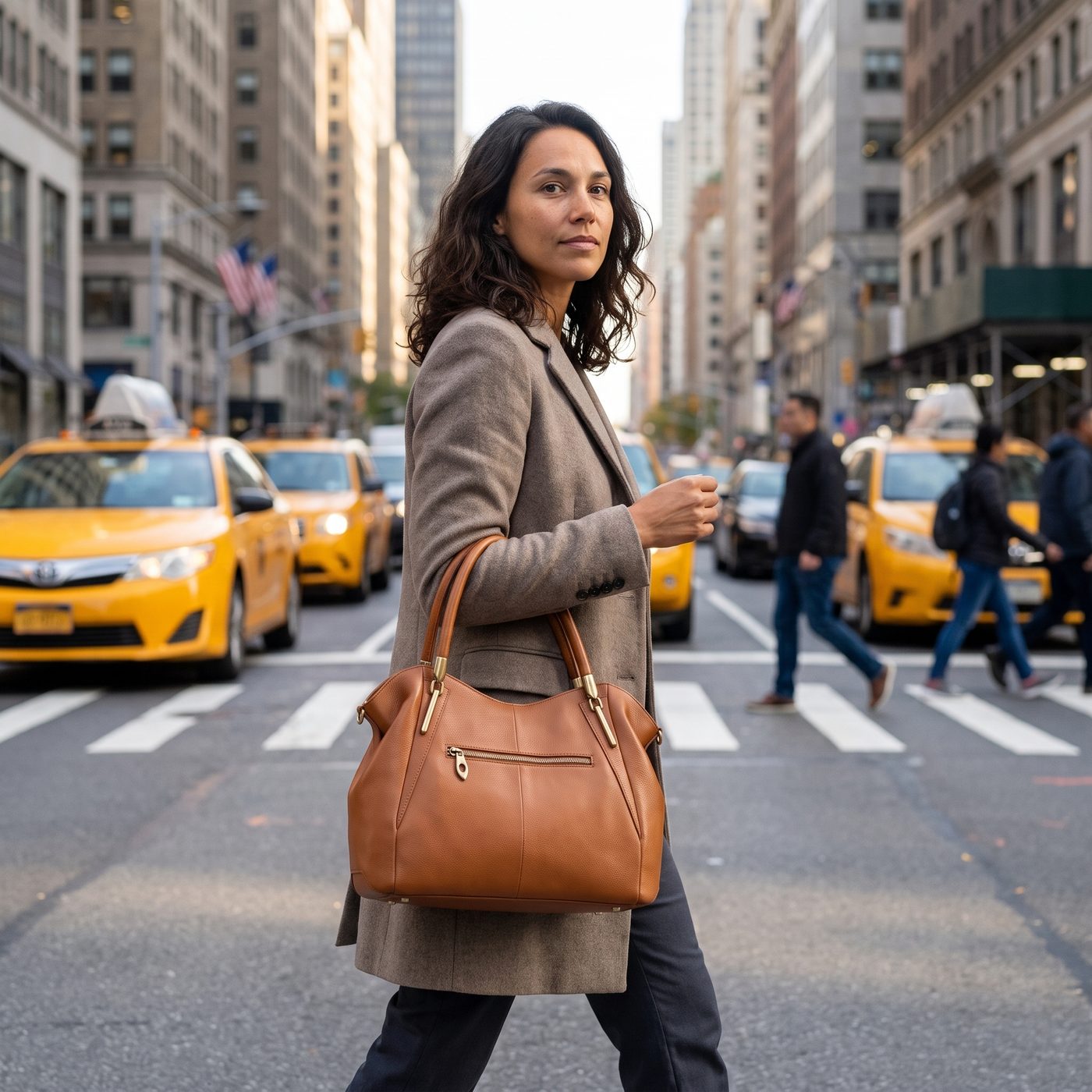 Maya crossing a Manhattan street in a camel coat with a tan leather handbag