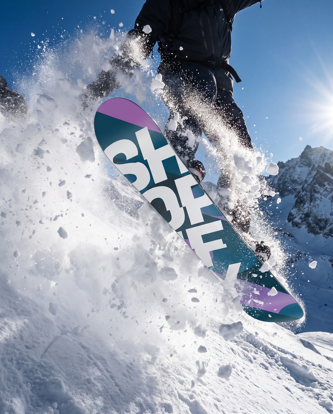 A snowboarder mid-air above a spray of powder, the board's graphic sharp