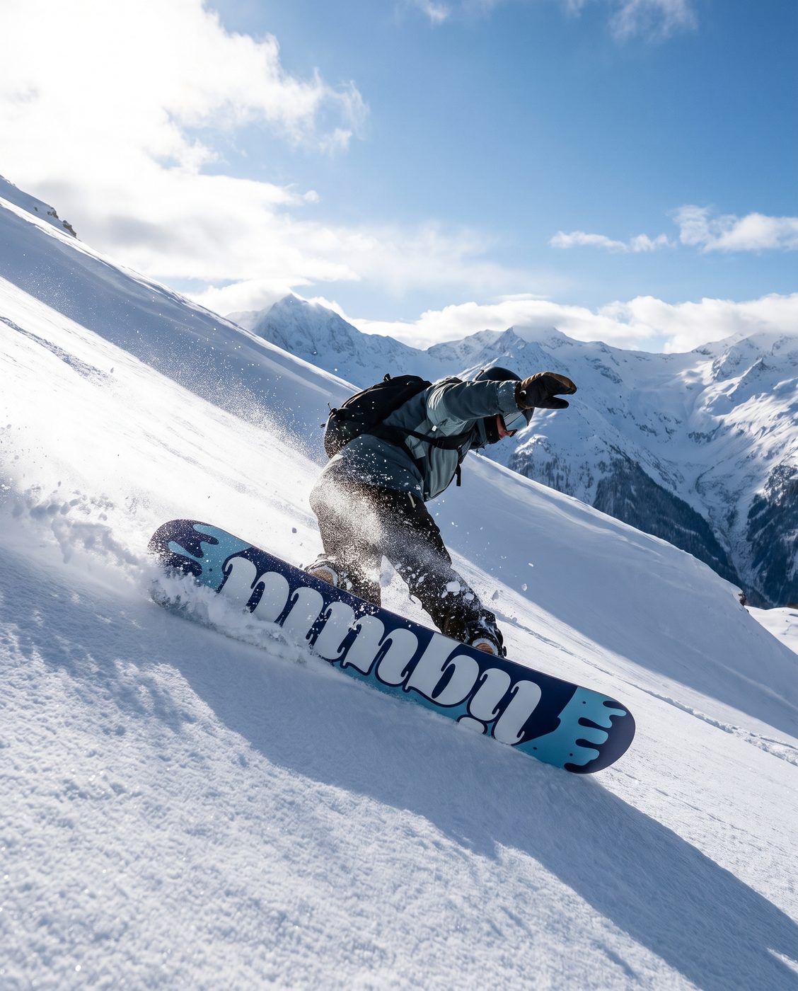A snowboarder carving down a sunlit slope on the board