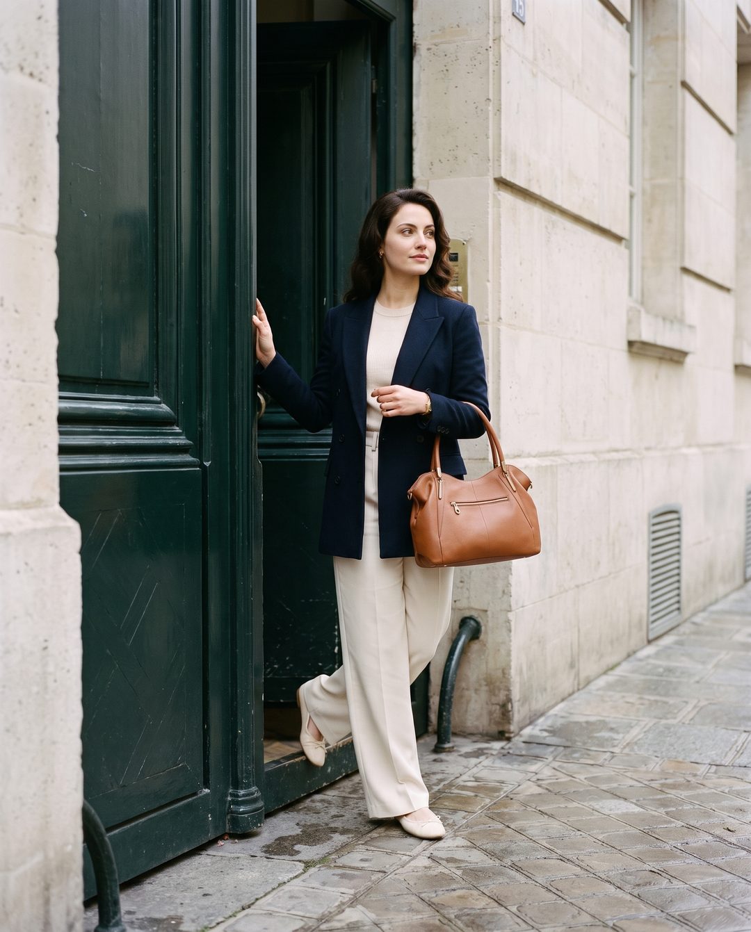 8:40 AM: a young woman in a navy blazer steps out of a green Paris carriage door, the cognac handbag on her arm