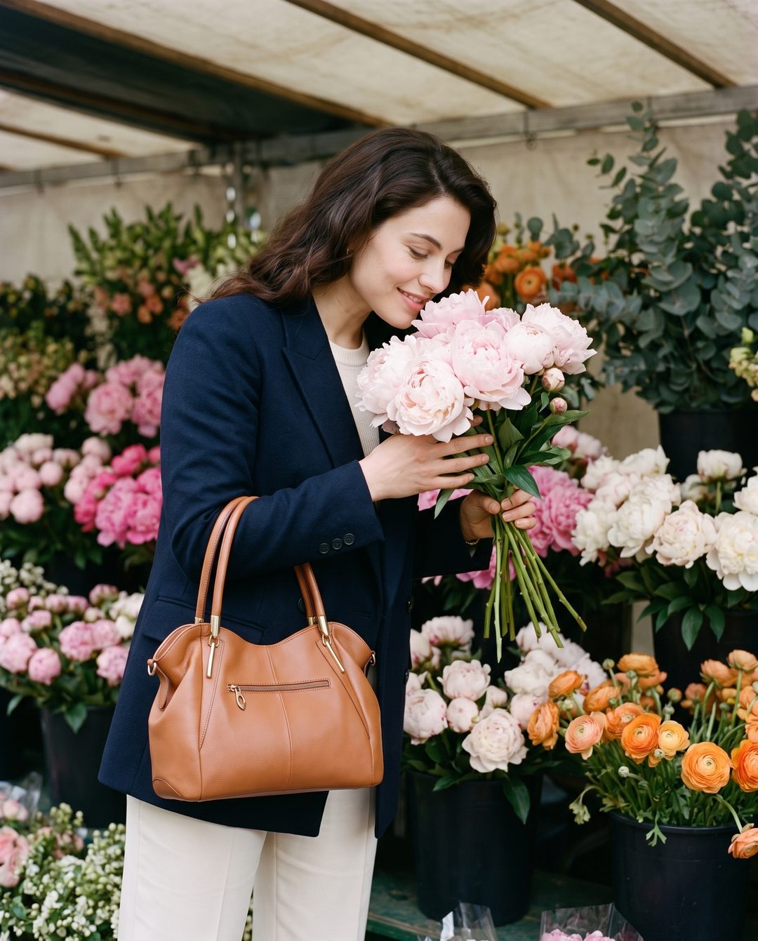 10:30 AM: at a covered flower stall she smells a bunch of pale-pink peonies, the handbag on her arm