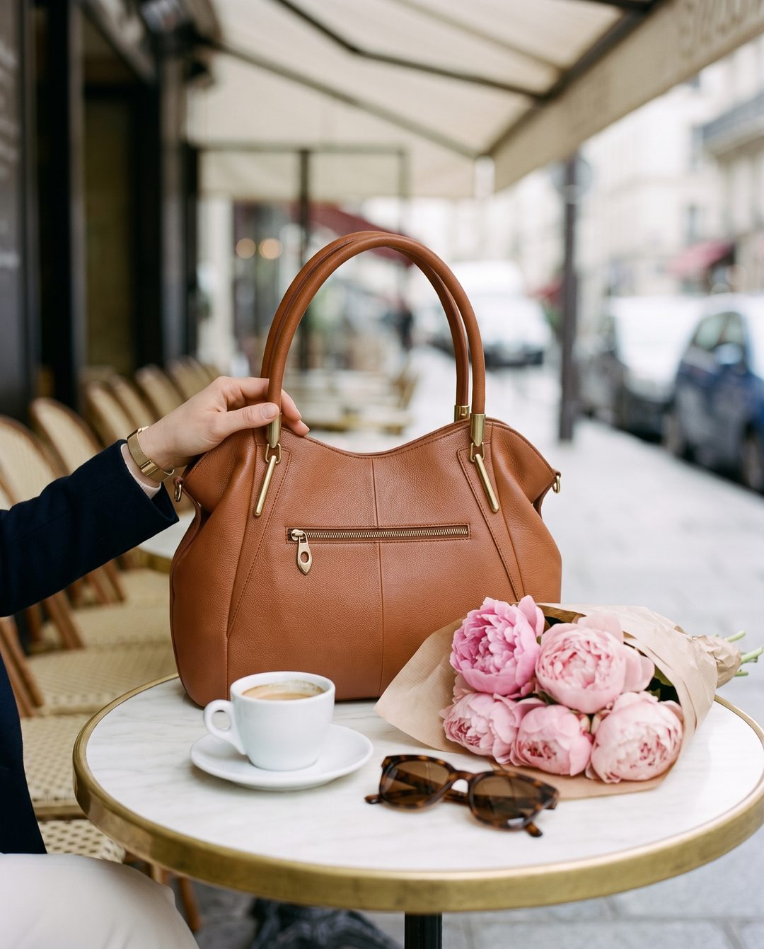 12:30 PM: the cognac handbag on a marble café table beside an espresso, the peonies and tortoiseshell sunglasses