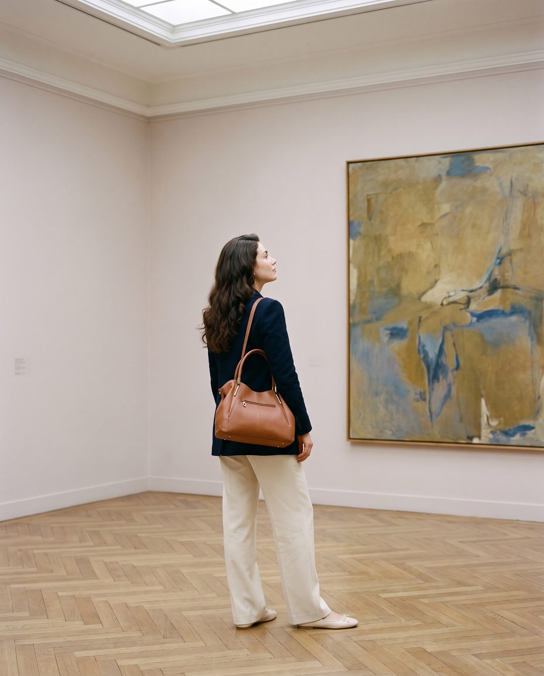 3:00 PM: in a skylit gallery she studies a large abstract painting, the handbag on her shoulder