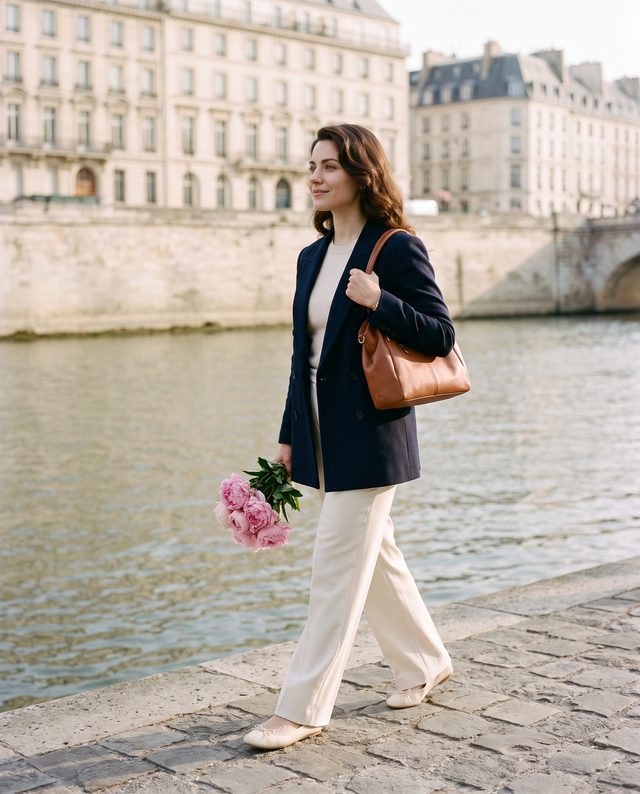 Walking along a stone quay by the Seine with the handbag on her shoulder