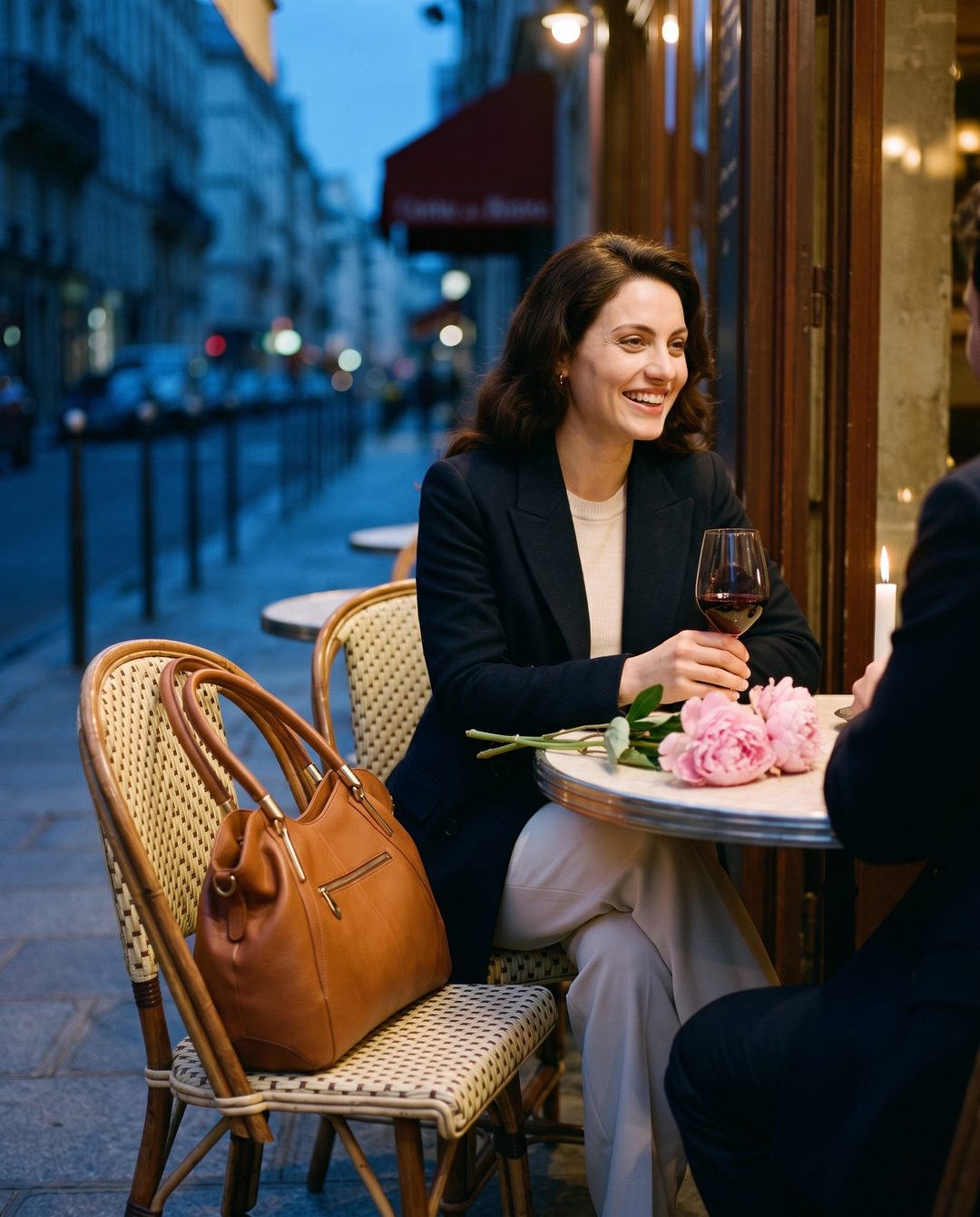 8:15 PM: laughing over a glass of red wine on a bistro terrace, the handbag on the chair beside her